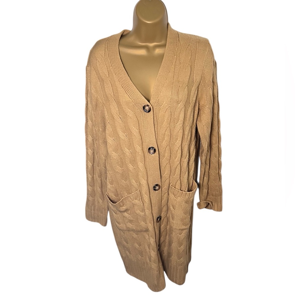 MEROKEETY Cable Knit Cardigan Longline Button Front Tan L